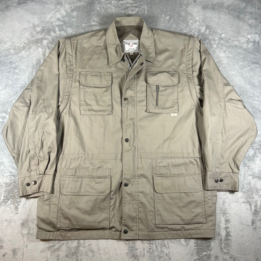 Foxfire Mens XL Tan Cotton Utility Field Jacket Multi Pocket Safari Fishing Coat